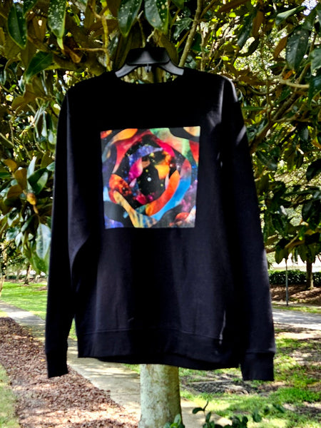 "Youniverse"                         Black crewneck sweatshirt.